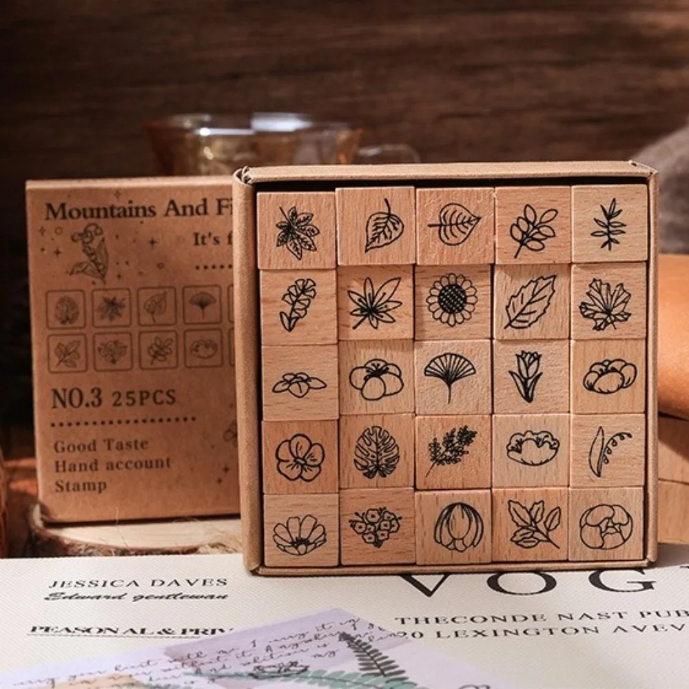 25pcs Butterfly Flower Themed Stamps Set Cute Expressions Weather Wood Rubber Stamp Cartoon DIY Craft Mini Wooden Stamps