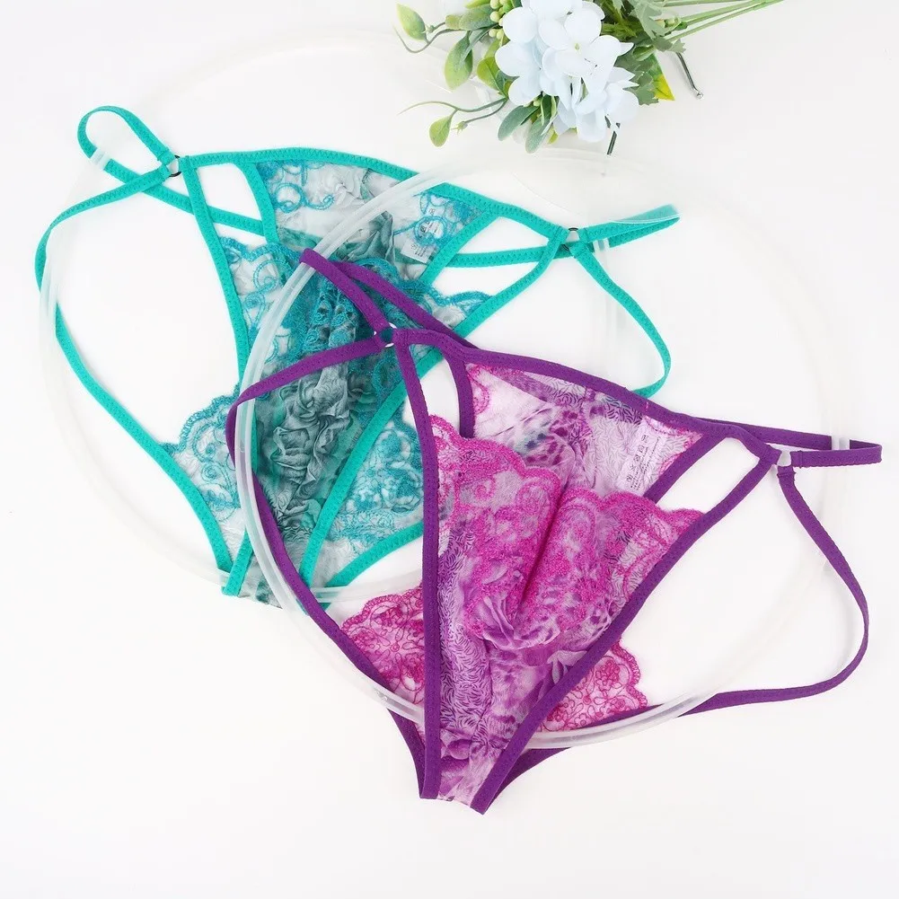 Men Sexy Brie Lace G-String Underwear Hollow Print Underpants See Through Low-waist Thongs Underpant