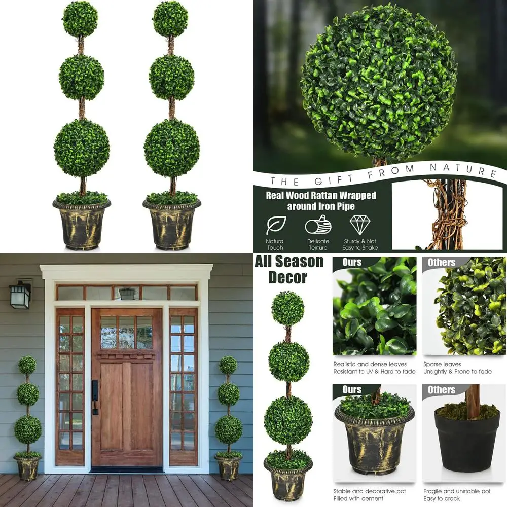 أشجار توبياري من خشب البقس الاصطناعي، عبوتان، طول 4 أقدام، نباتات خضراء، شكل كرة، وعاء أسمنتي، ديكور داخلي خارجي