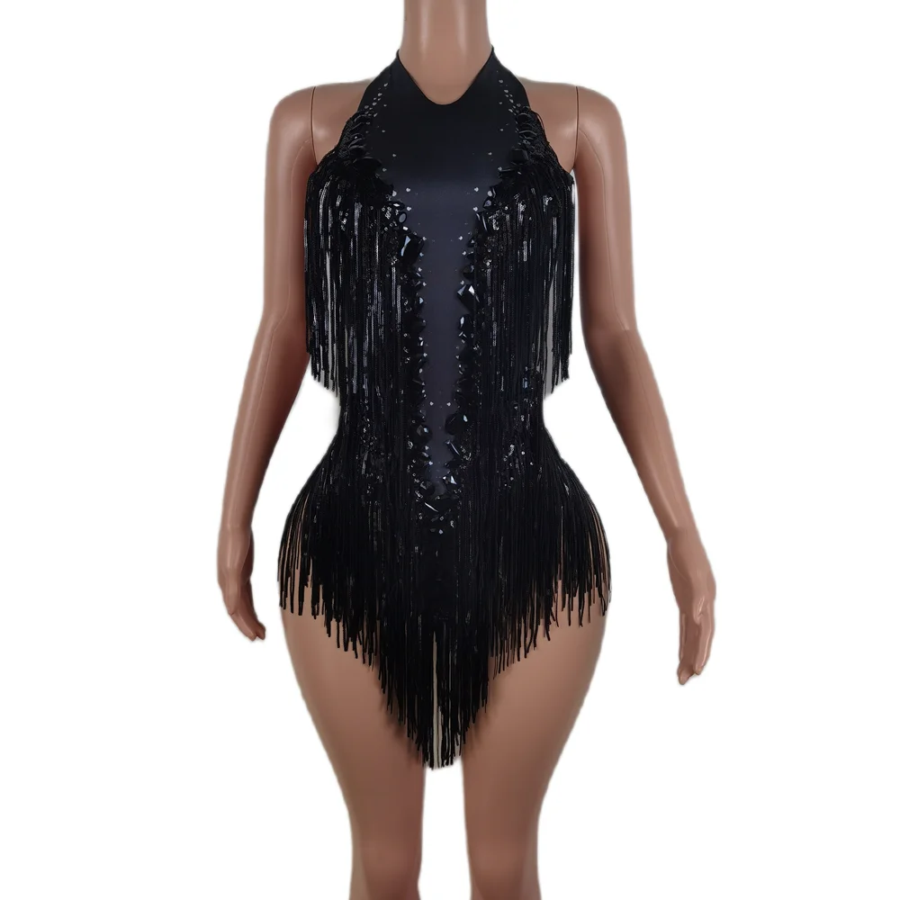 

Sparkle Crystal Pearls Tassel Rompers Stage Performance Outfits Pole Dance Leotard Club Bodysuits Women Sexy One Piece Jumpsuits