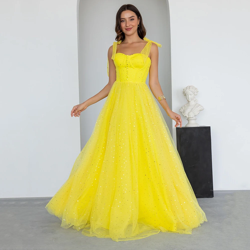 

Customized Strapless A-line Tulle Evening Dress With Bows Backless Party Dress Spaghetti Strap Floor Length Sleeveless Prom Gown