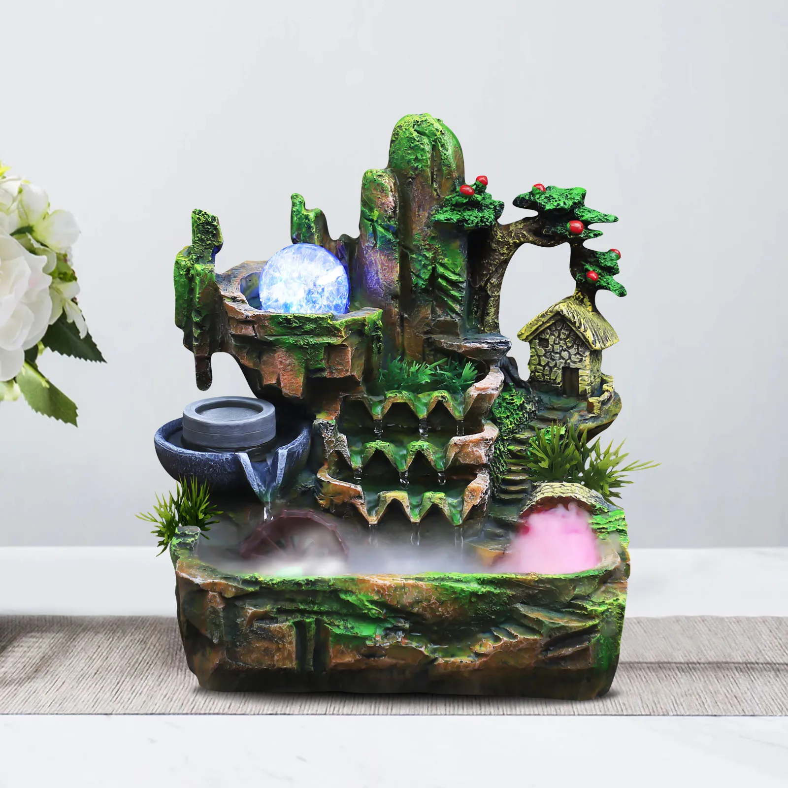 فنغ شوي نافورة الماء سطح المكتب اللون تغيير أضواء LED 110 فولت الولايات المتحدة التوصيل ريفي الراتنج مكتب ديكور تدفق شلال 26x20x28 سنتيمتر