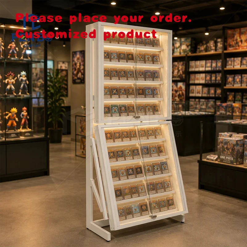 custom.Freestanding Trading Card Display Rack With White Metal Frame Glass Panels Angled Lower Shelves Collectible Card Stor
