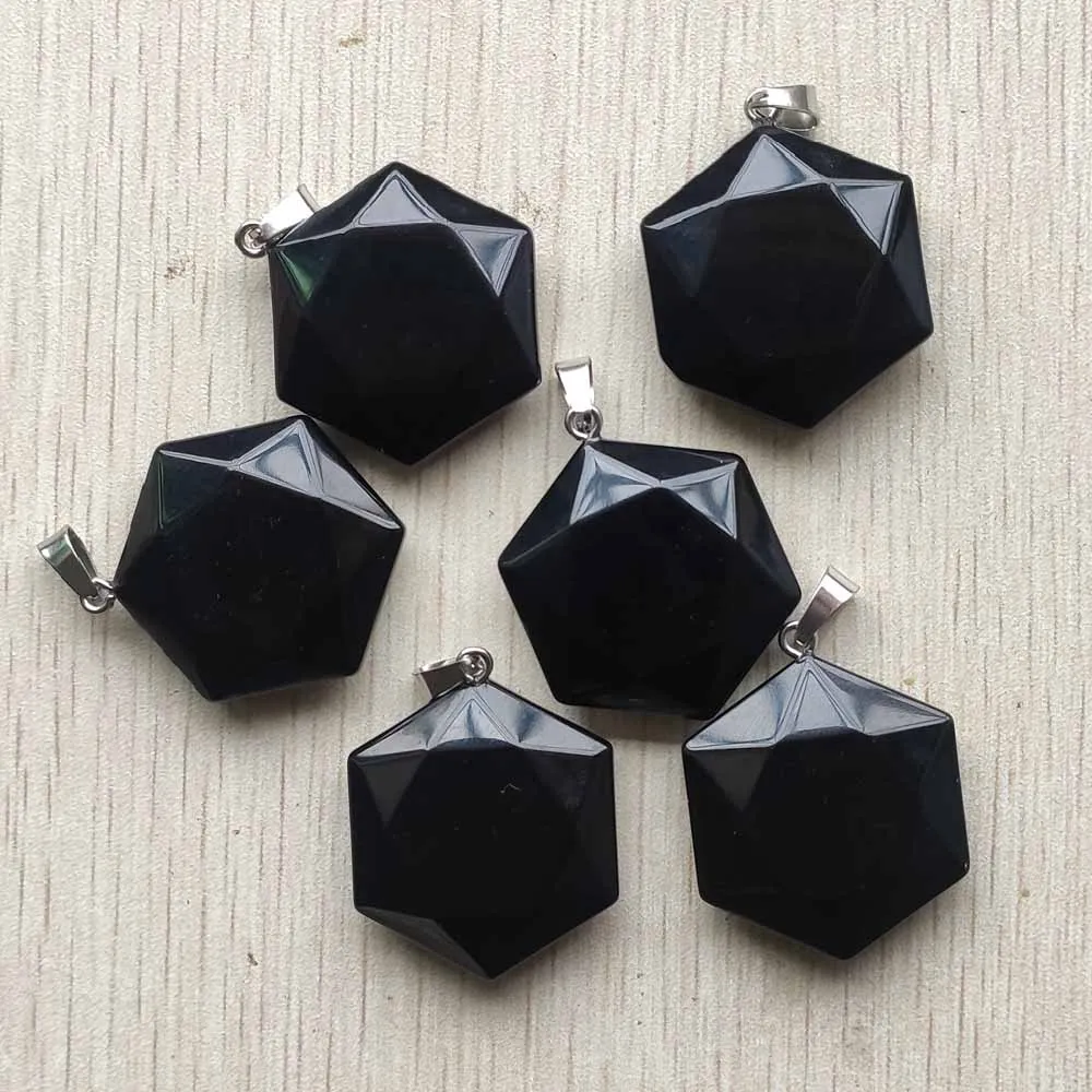 Fashion Natural black obsidian stone Faceted hexagon pendants for diy Necklace Jewelry making Wholesale 6pcs/lot free shipping
