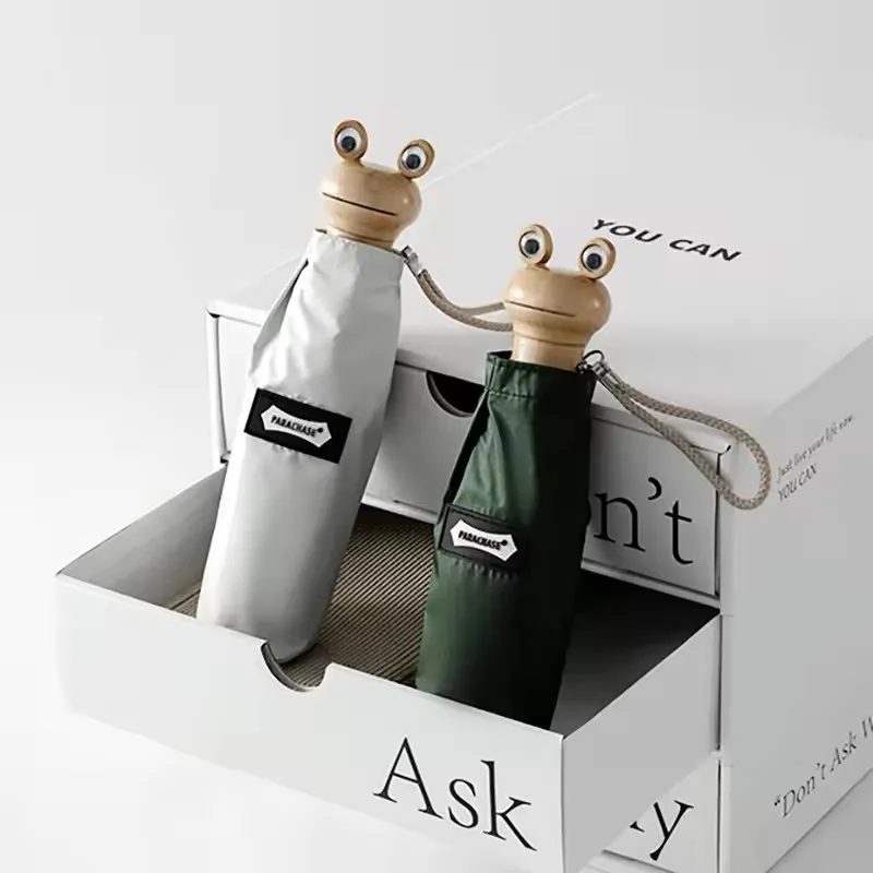 Parachase Parasol Vrouw UV-bescherming, Kikker Houten Handvat Leuke Paraplu Zonnescherm, Winddicht 420T Pocket Mini Paraplu