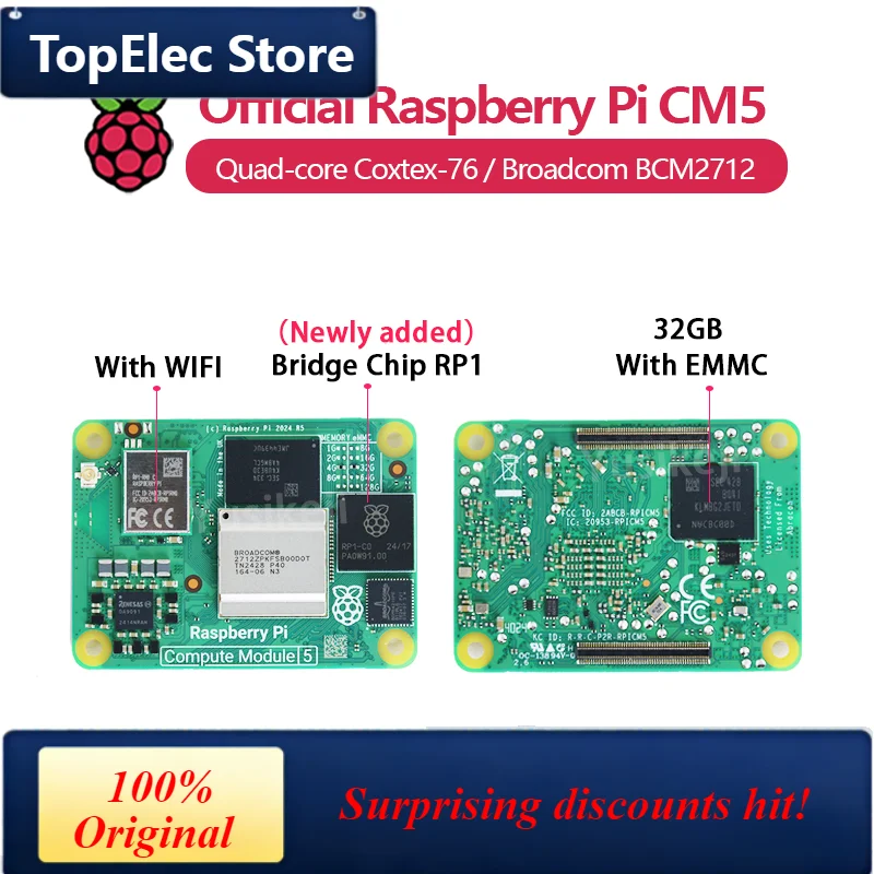 TopElec Original Raspberry Pi CM5 4GB RAM, optional WIFI/EMMC, Broadcom BCM2712 Dual 4K Output + HDR 800MHz VideoCore Quad-core.