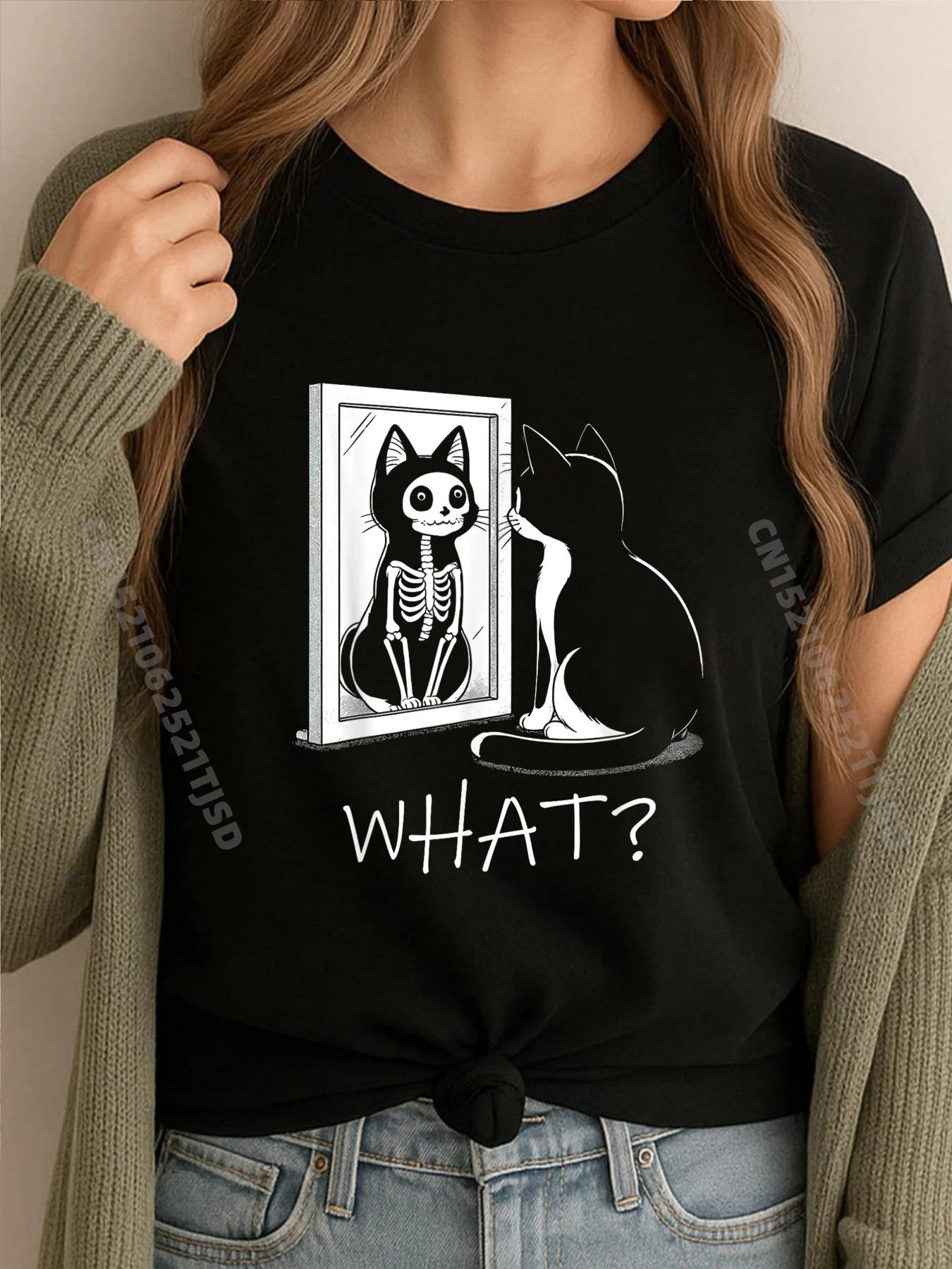 

Что кот дивиться в зеркальном скелете, забавная милая футболка большого размера на Хэллоуин, одежда, топы, футболки