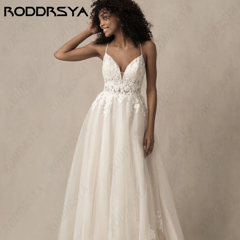 RODDRSYA Sexy V-Neck Spaghetti Straps Vestido de Casamento Lace Applique Tulle Noiva Partido Backless A-Line Sem Mangas Vestidos De NoviaSexy V-Neck Spaghetti Straps Vestido de Casamento Lace Applique Tulle Noiva Parti