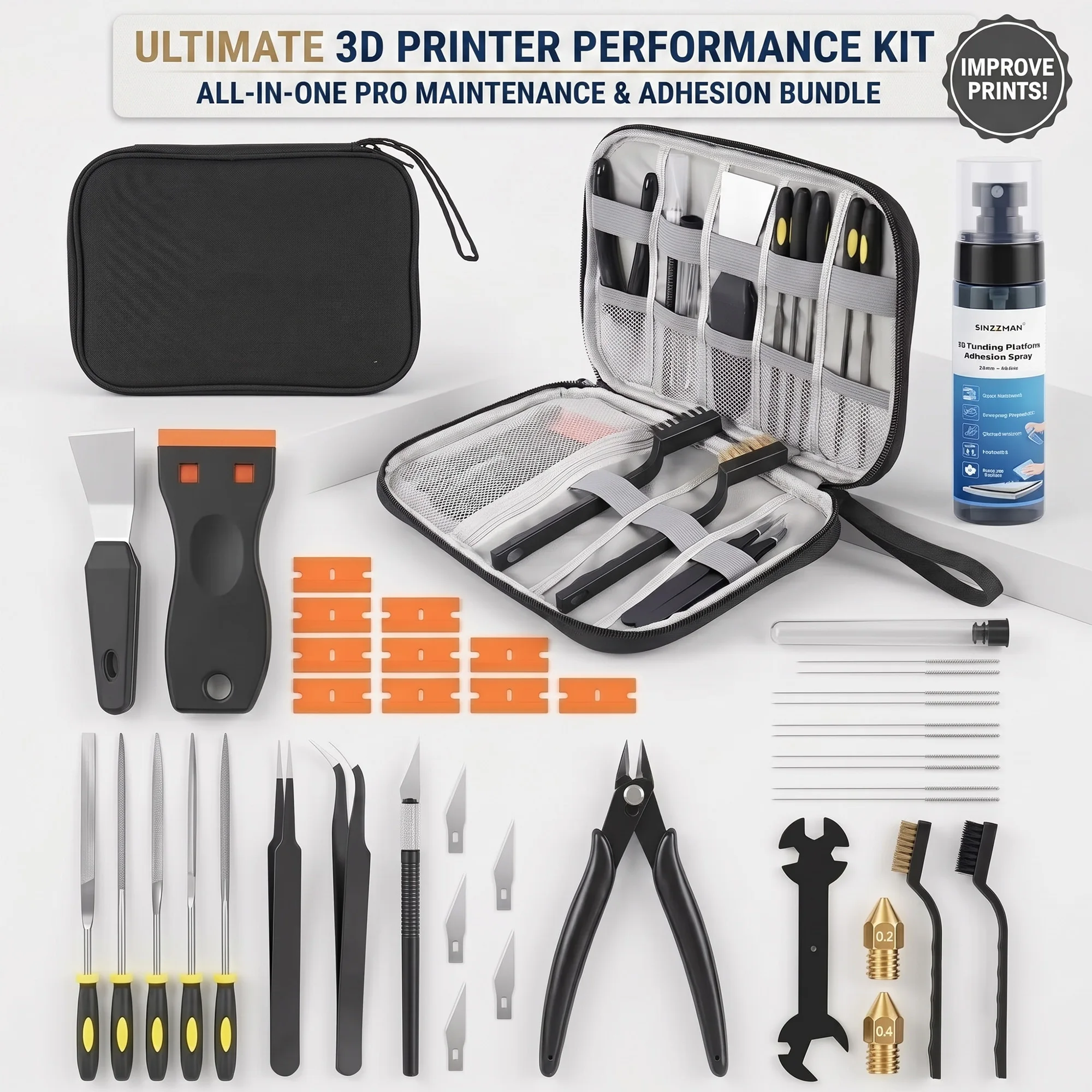 Kit de Ferramentas para Impressora 3D com 40 Peças e Spray Adesivo Anti-Deformação,…