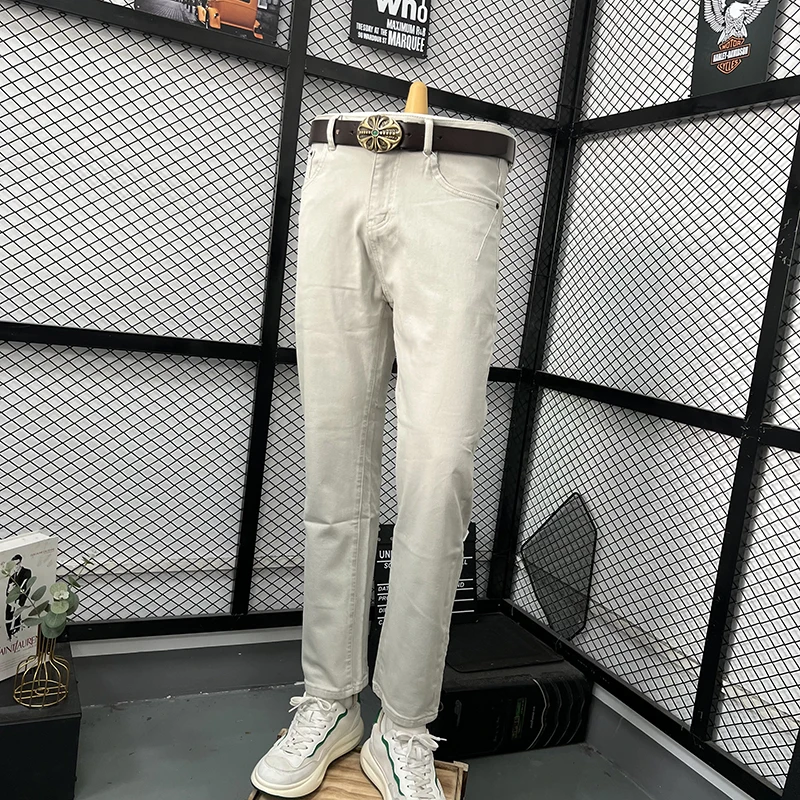 New Men's High Waist Jeans Draping Slimming Straight white Leg Long Pants Youth Versatile Casual Minimalist Nine Point Trousers