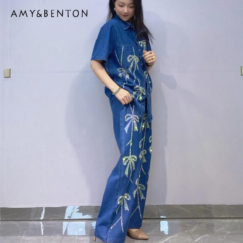 

Summer Popular Set Diamond Drills Women's Beautiful Denim Shirt Short-sleeved Top Straight Wide-leg Trousers Two-pieces Outfits