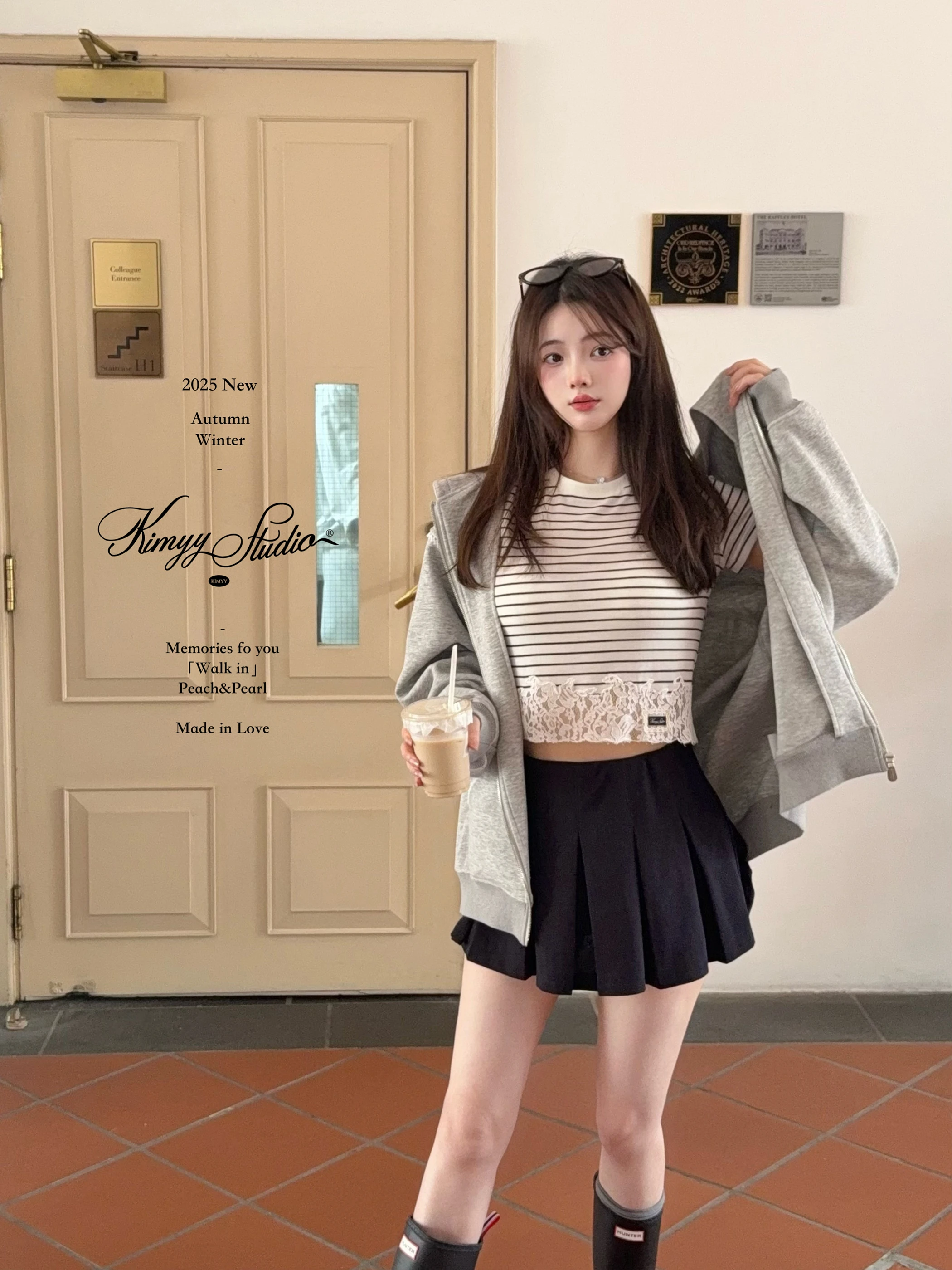 

Комплект KIMYY: толстовка, полосатая футболка и юбка в корейском стиле для женщин, осенняя коллекция, модный студенческий стиль, полиэстер