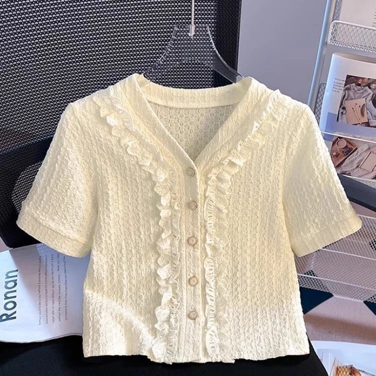 

Модный летний женский топ с V-образным вырезом и текстурой под дерево, создающий ощущение высокого класса, для повседневной носки...