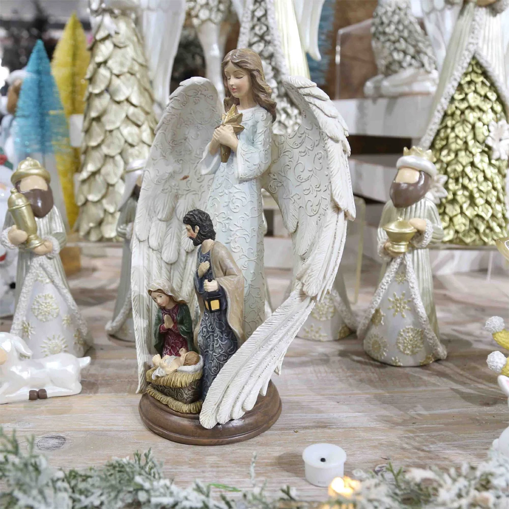 Christmas Holy Family Statue Nativity Scene Figurines Color Relief Pattern Effect Angel Wings Scene Decoration Home Ornaments