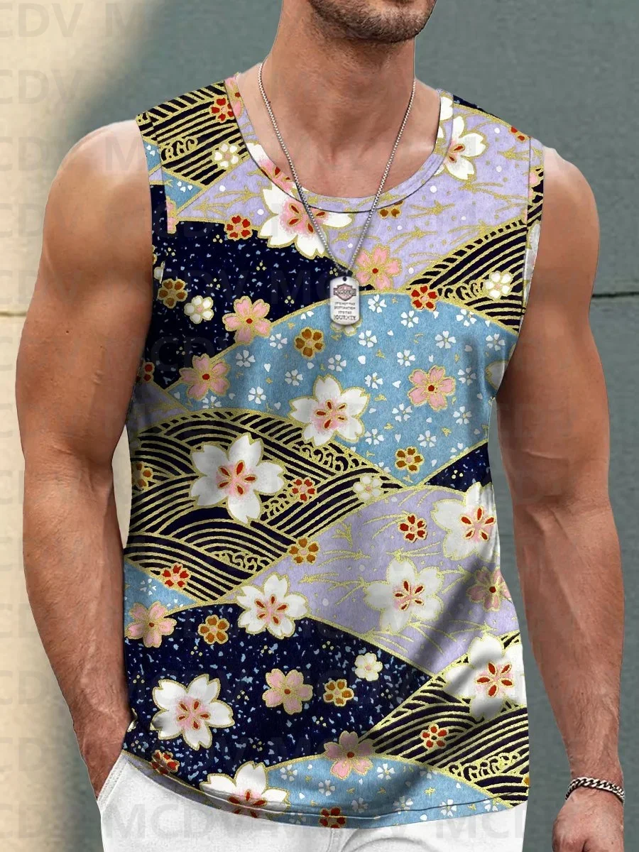 Gewelltes Sakura-Print-Tanktop mit Rundhals ausschnitt und 3D-bedruckten Tanktops für Männer