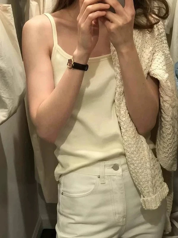 

Miss Candy Korean Sle OUNCE Versatile Simple Easy Wear Basic Ribbed Elastic Strap Vest Faionable Summer Svel Top