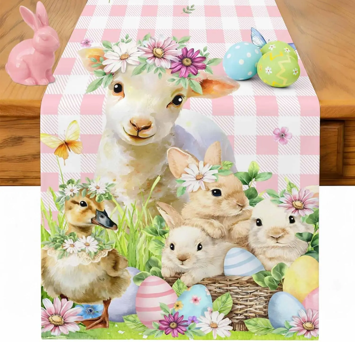Easter Bunny Egg Pink Plaid Linen Table Runner Party Decor Spring Watercolor Floral Sheep Duck Table Runners Easter Decorations