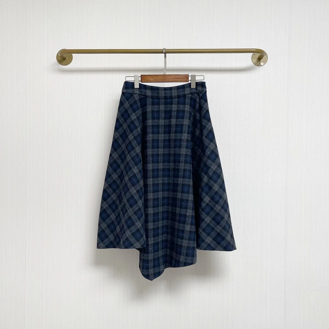 High quality new wool blend irregular brushed plaid A-line skirt