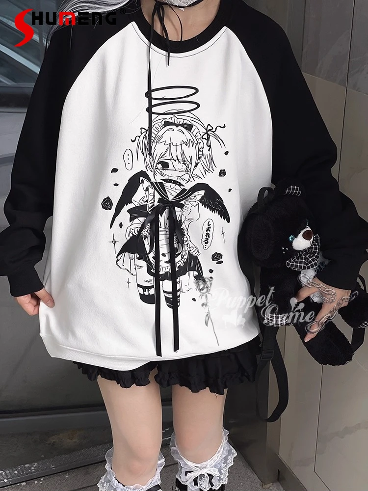 Japanese Subculture Animation Girl Print Shirt Tops Long Sleeve Round Neck Lace-up Bow Loose Casual Versatile Sweatshirts Women