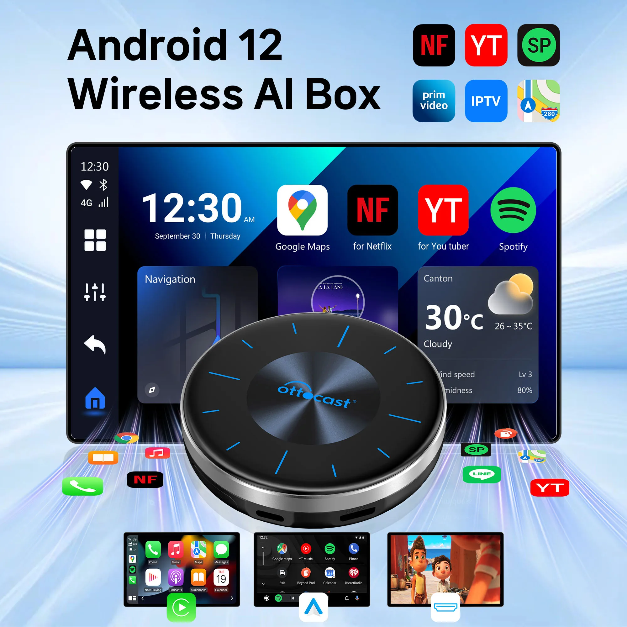 OTTOCAST P3 AI Box Android 12 Smart TV Box for Youtube Spotify for Nissan Chevrolet Buick Peugeot Skoda Lexus Car Accessories