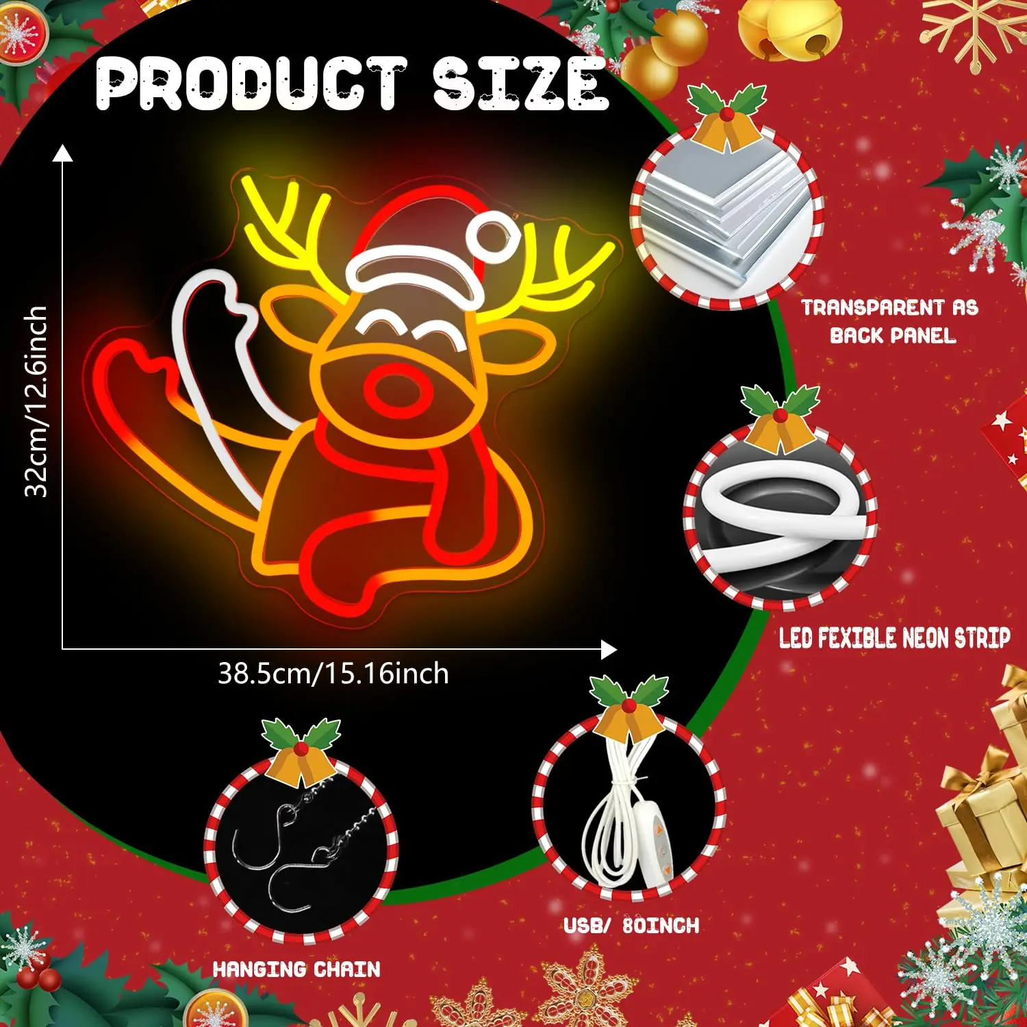 يلوحون الأيائل النيون مع قبعة عيد الميلاد لديكور الحائط وميض تصميم عكس الضوء الرسوم المتحركة الرنة تضيء تسجيل لنافذة المنزل P