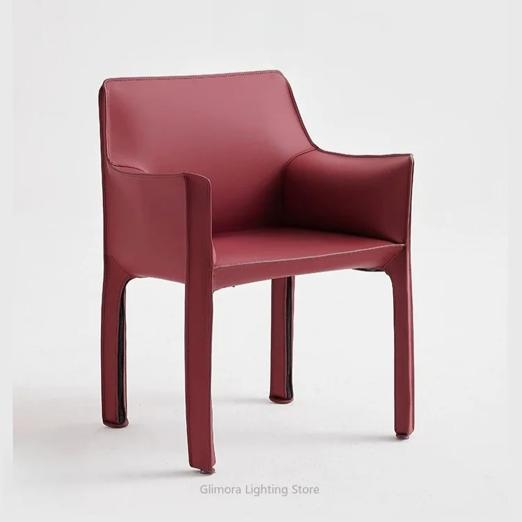 Minimalist Saddle Leather Dining Chair with Armrests, Premium Replica of Cassina by Mario Bellini