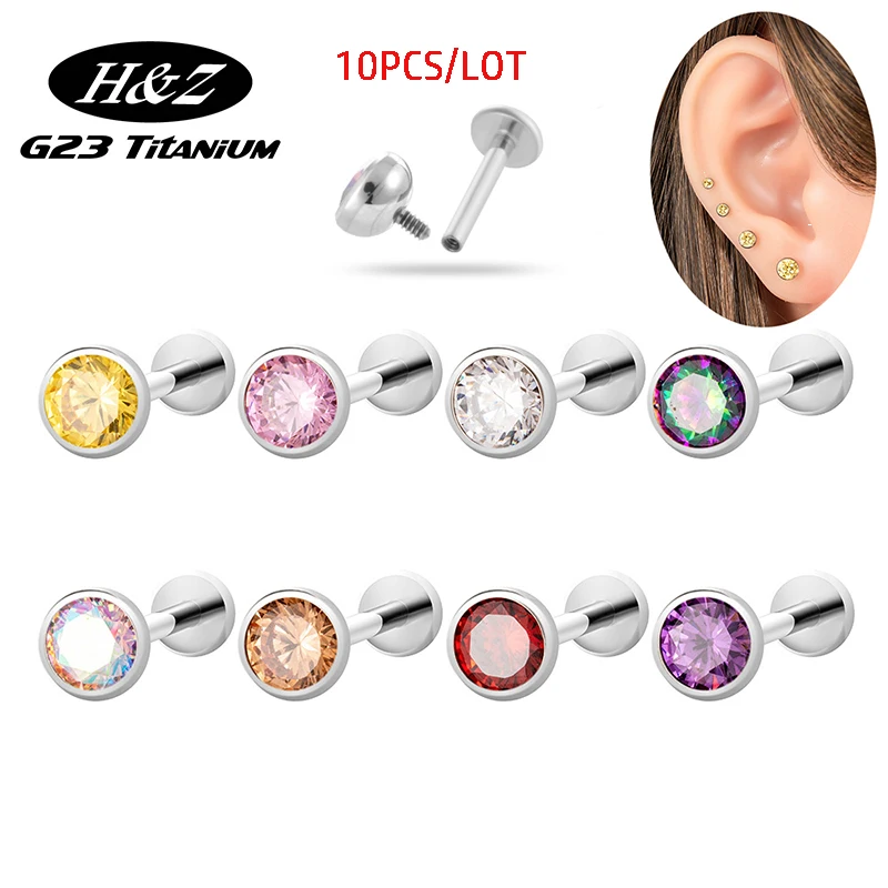 

10Pcs G23 Titanium 16G Cubic Zircon Internally Threaded Ear Stud Flat Back Labret Cartilage Tragus Stud Helix Piercing Jewelry
