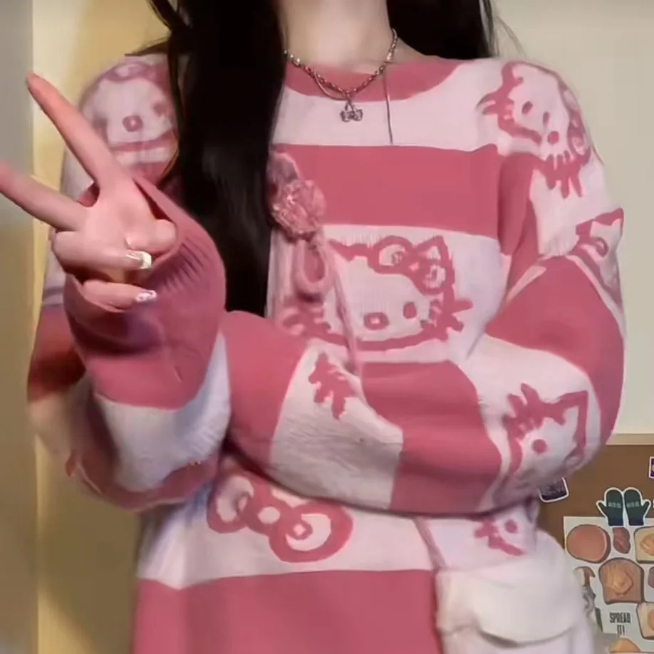 Sanrio Hello Kitty New Sweater Women Korean Style Cute Stripe Knit Pullover Y2K Fashion Clothes Pink Tops Autumn Winter Sweaters