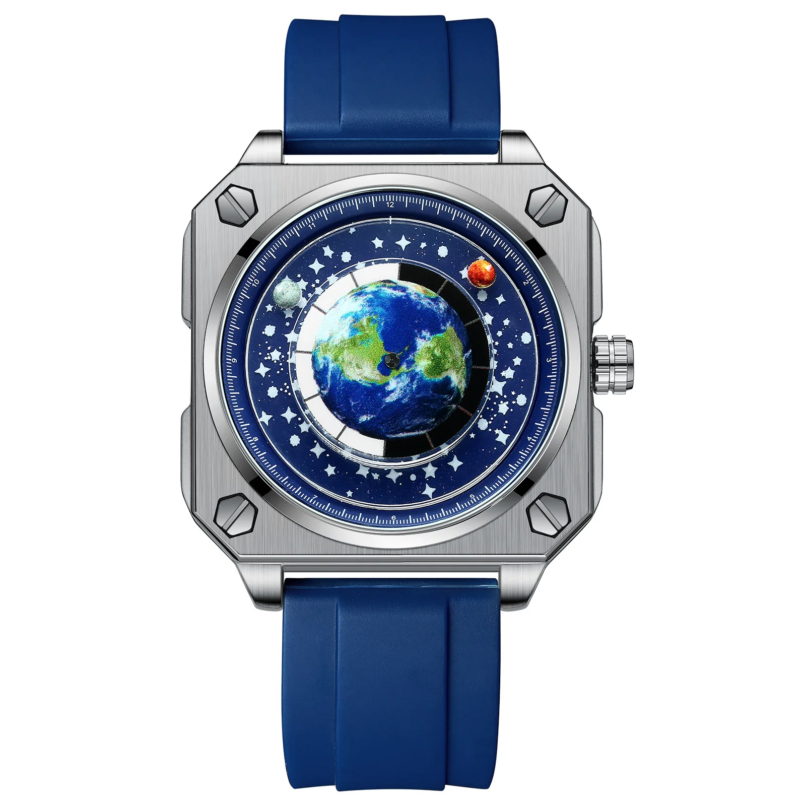 New Concept Wandering Earth Pattern Watch Men\'s Square Blue Planet Rotating Stainless Steel Waterproof Quartz Watch Masculino