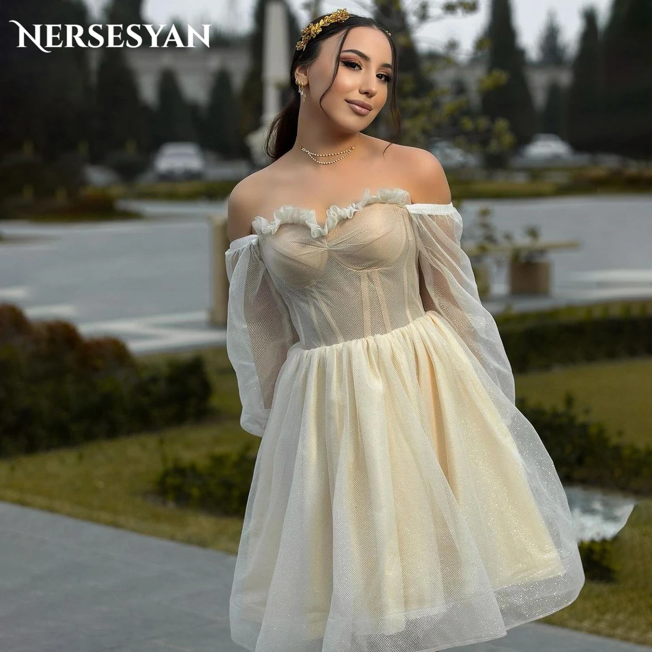 Nersesyan Light Champagne Glitter Wedding Dresses Off Shoulder A-Line Sparkly Bridal Gowns Backless Puff Sleeves Bride Dress