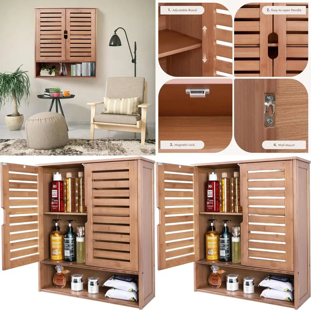 

Bamboo Wall Cabinet, Over Toilet Bathroom Furniture, Wall Mounted Storage Medicine Cabinet with Two Doors & Adjustable Shelves,