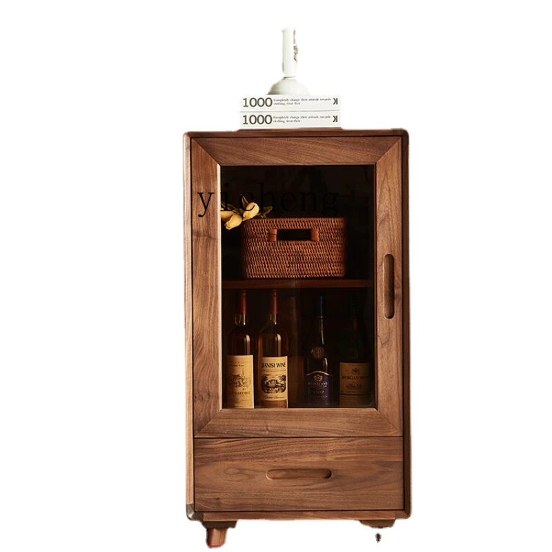 Yy Black Walnut Small Wine Cabinet Nordic Simple Living Room Solid Wood Wall Cabinet