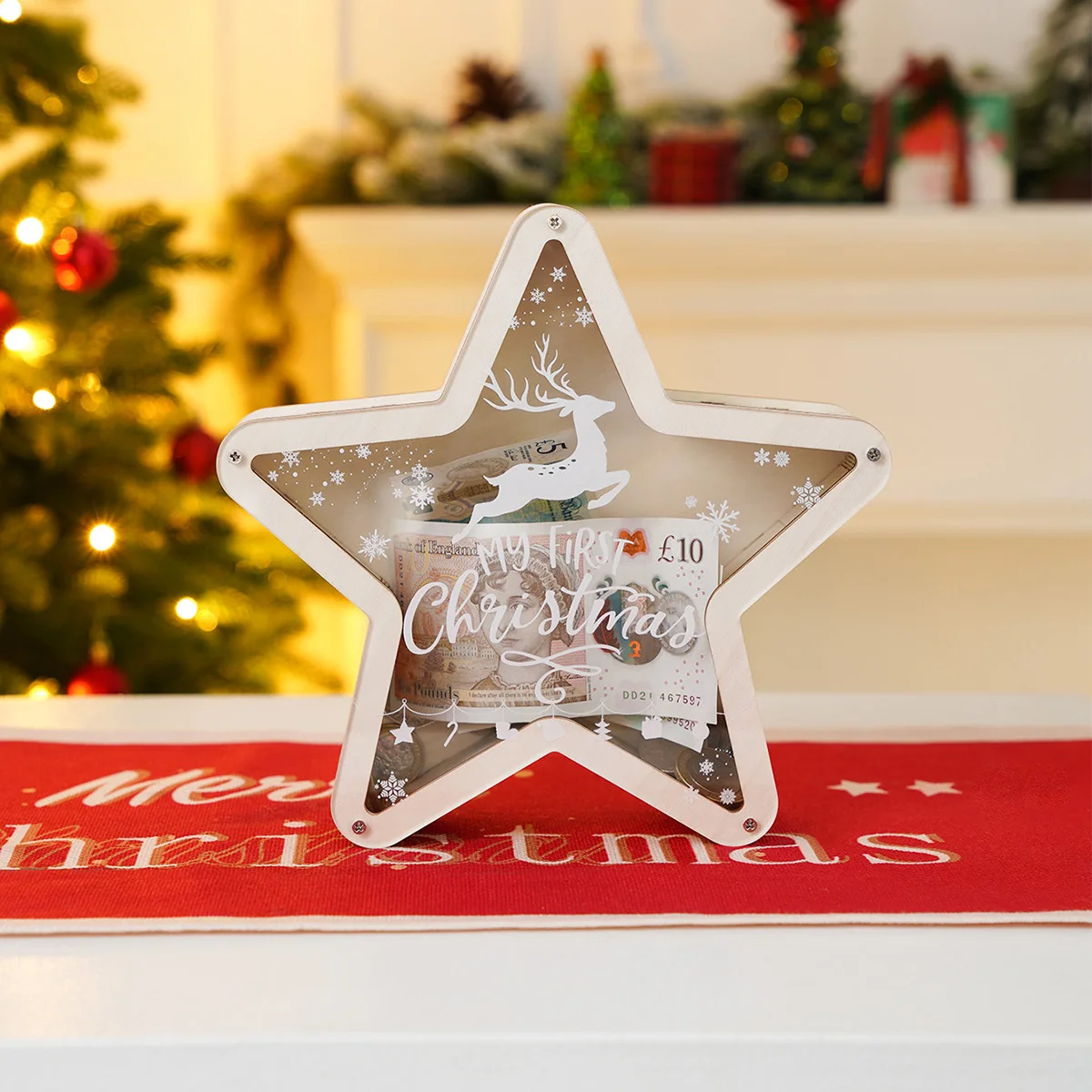 1PC, five-pointed star-shaped Christmas deer money box, Christmas decoration, suitable for Christmas decorative items and gifts