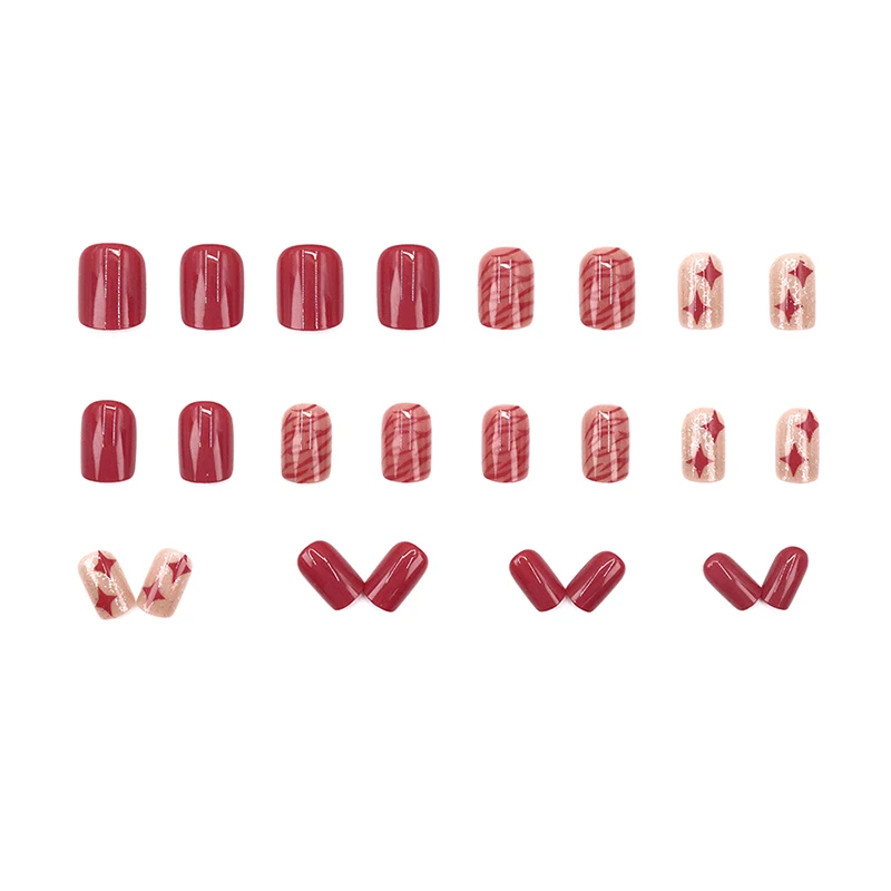Faux ongles carrés courts à blocage de couleur rouge baie sauvage, avec adhésif gelée, couverture complète détachable, à pression, artificiels, 24 pièces