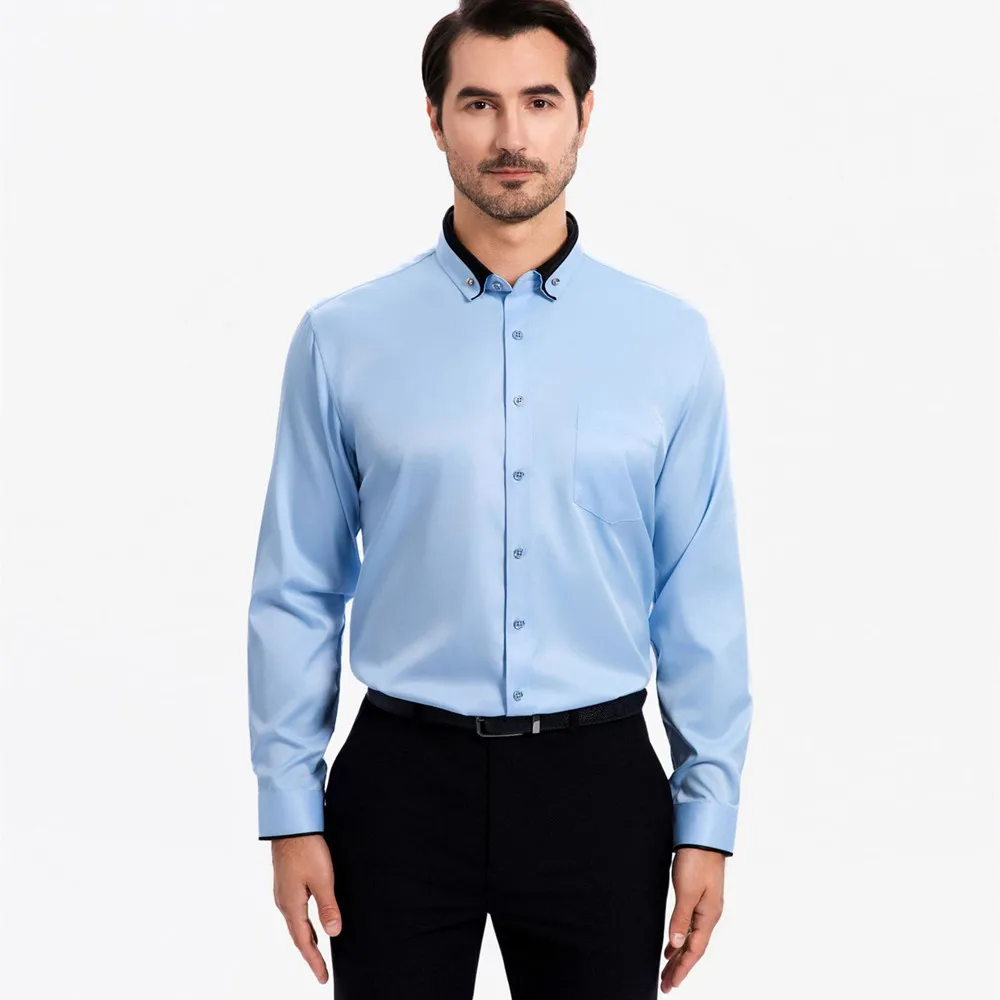 Elastic shirt men's long sleeved diamond buckle contrasting collar design solid color slim fit men's shirt men's clothing