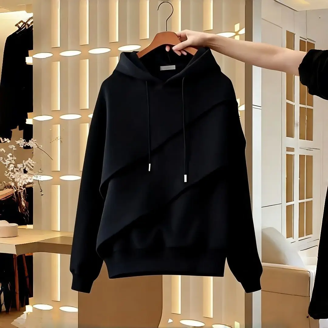 Women's 2026 Spring Stylish Asymmetric Hem Loose Solid Hoodie Casual Versatile Temperament Pullover Top New