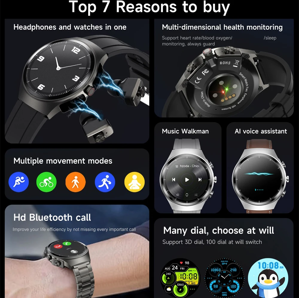 Heart Rate Health Monitoring Smartwatch With Built-in Headphones Music 1.43-inch AMOLED HD Screen Men's Watch Women Sports Modes
