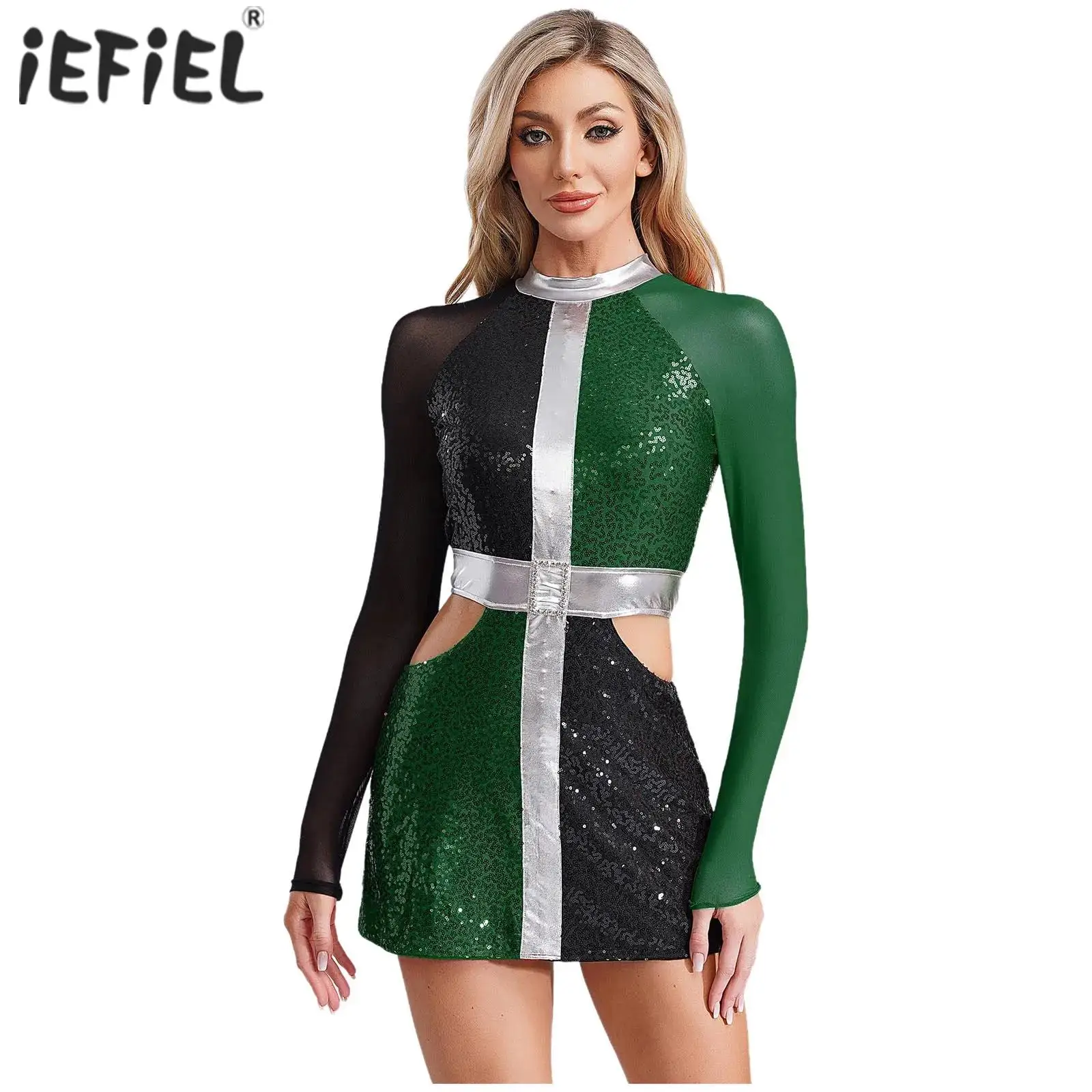 

Женское гимнастическое платье для фигурного катания, балета и танцев, качающийся костюм 60-х годов, с длинными рукавами и блестками, облегающее мини-платье