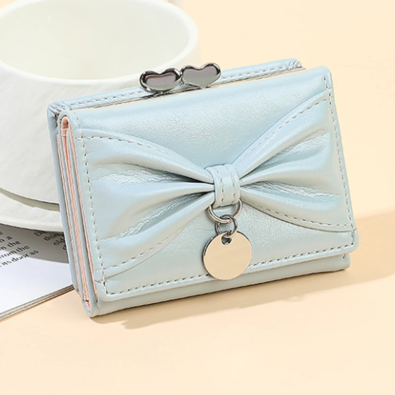Cute Bow Women Short Wallet Heart Kiss Lock Mini Purse Multi Card Slots Small Coin Purse Ladies Daily Fashion Clutch Wallet