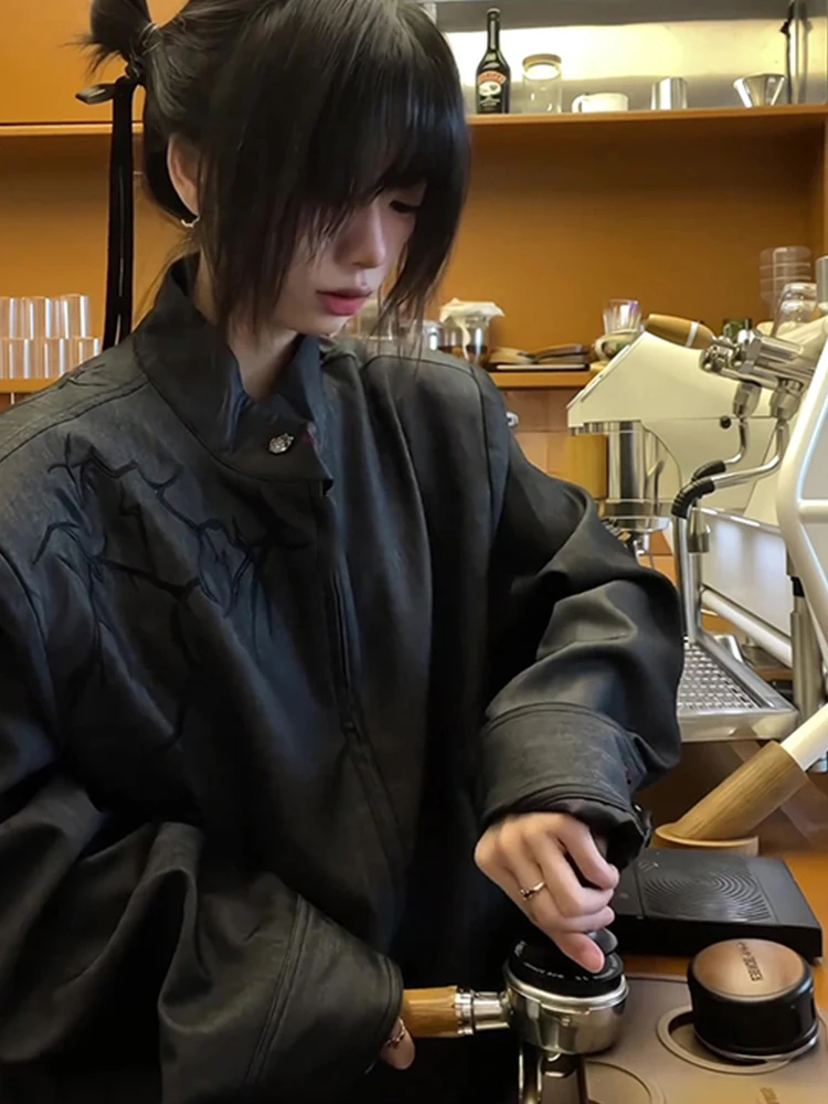 

Bla Embroidered Motorcycle Jaet Loose Casual ex Street Sle Outerwear Long Sve Zipper Closure Youth Faion