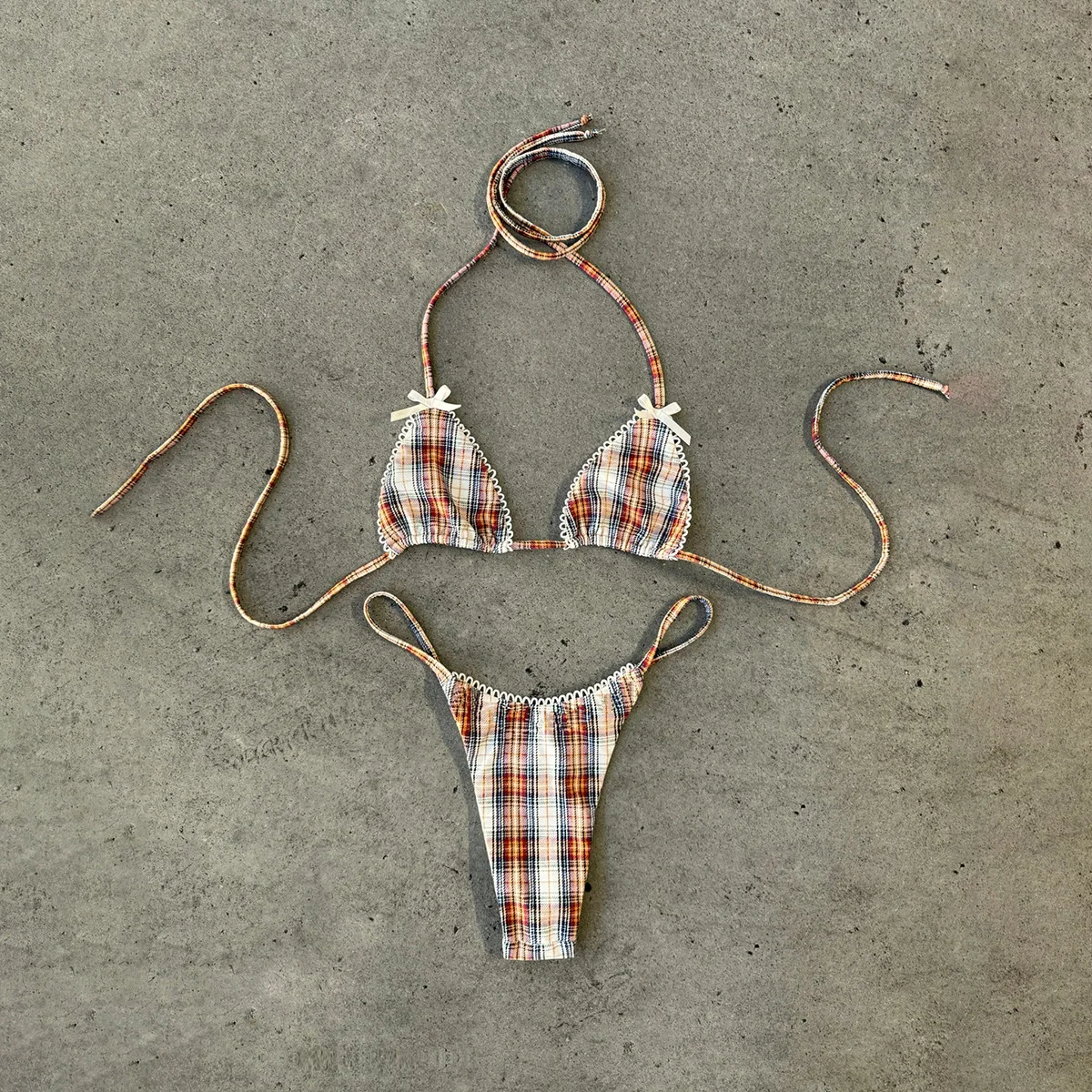 New 2026 Women's Micro Bikini Set Plaid Print Neck Lace-up Backless Biquini Beachwear Sexy Push Up Thong Low Waist  Bathing Suit