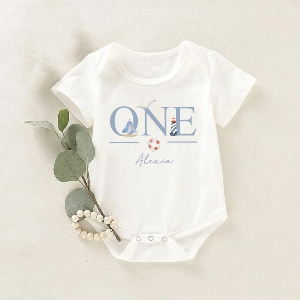 

Personalize Sailboat&ONE Print Infant Romper Custom Name Casual Short Sleeve Baby Bodysuit Birthday Boy Girl Clothing