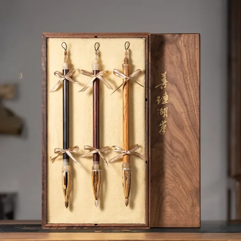 Sanyang Kaitai Wolf Hair Calligraphy Brush Set Golden Silk Nanmu Wood Fountain Pen Gift Box Traditional Chinese Writing Tool