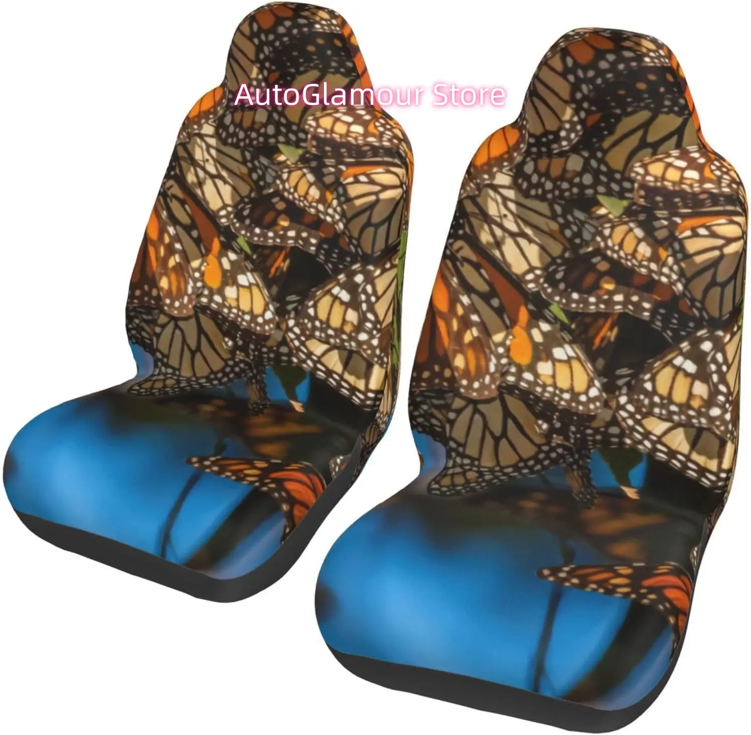 Migrating Monarch Butterflies Cling to Leaves 2-Piece   Seat Cover Complete Set - Elastic Seat Protection Cover for