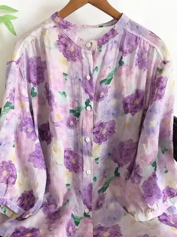 

Цифровой принт с цветочным воротником-стойкой Seven Quarter Sve irt Женский топ с фиолетовым цветком и цифровым принтом Свободный крой Commut...