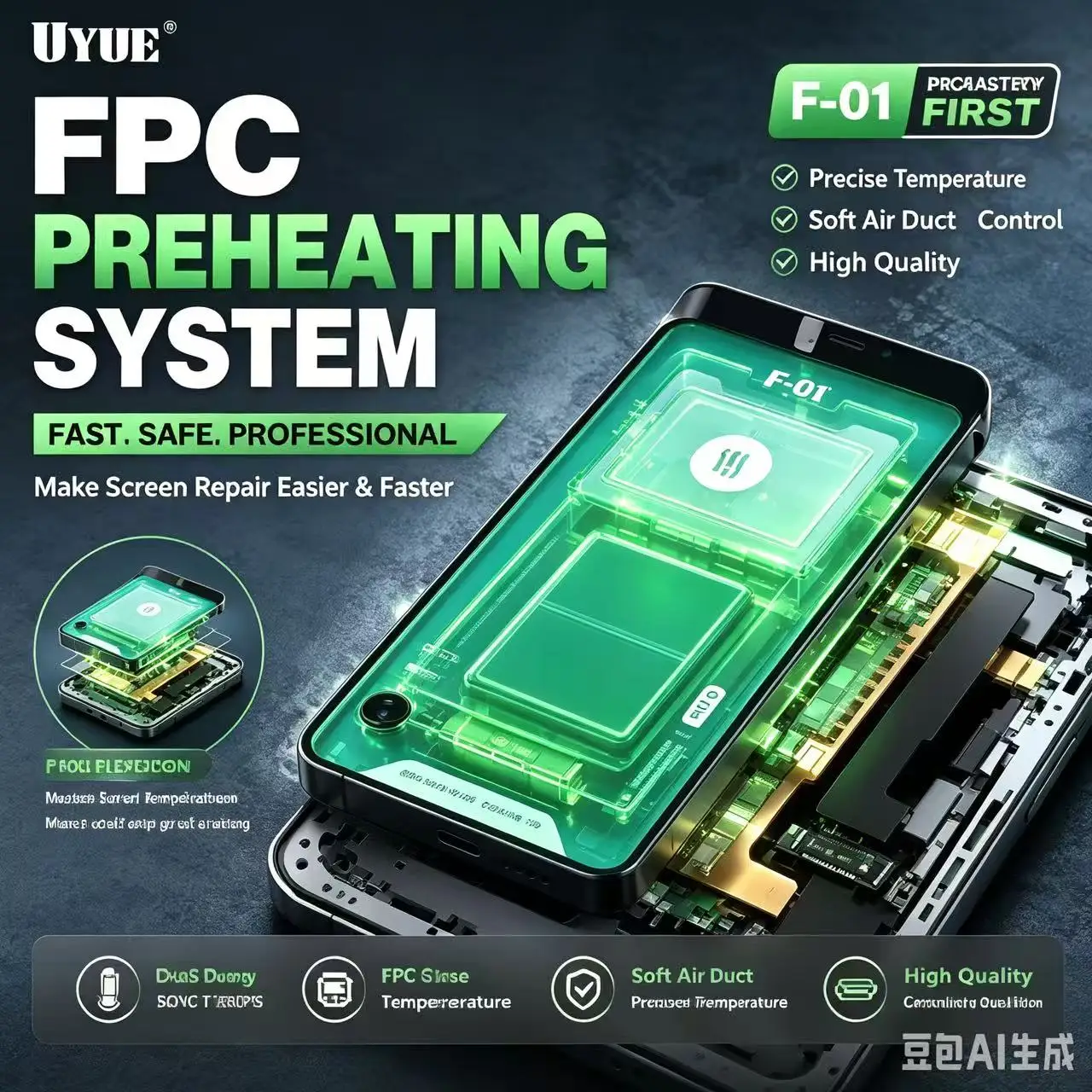 UYUE FPC Preheating System Prism Design TYPE-C Power Supply Built-instrong Magnet PressureRow Drive Screen Repair Assistant