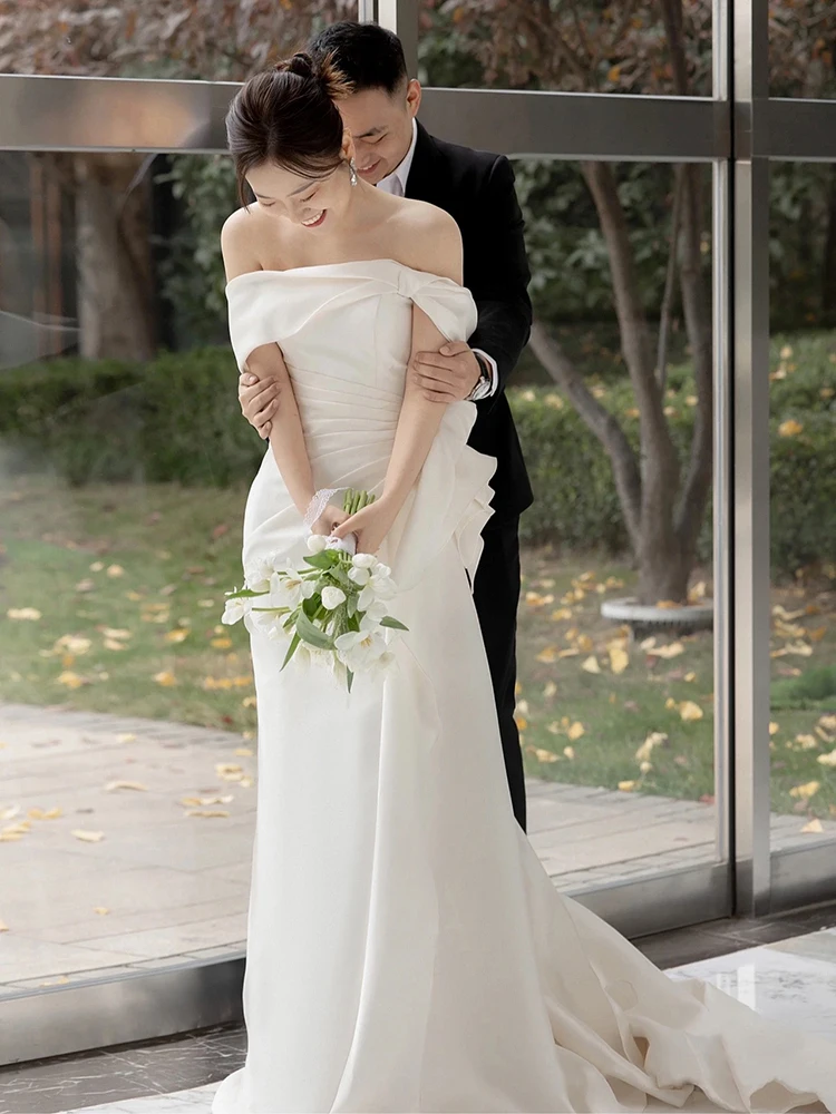 

Simple Sle Wedding Dr One oulder Tailored Fi Tail Outdoor Lawn Bride Gown Wedding Ceremony Ceremony Dr