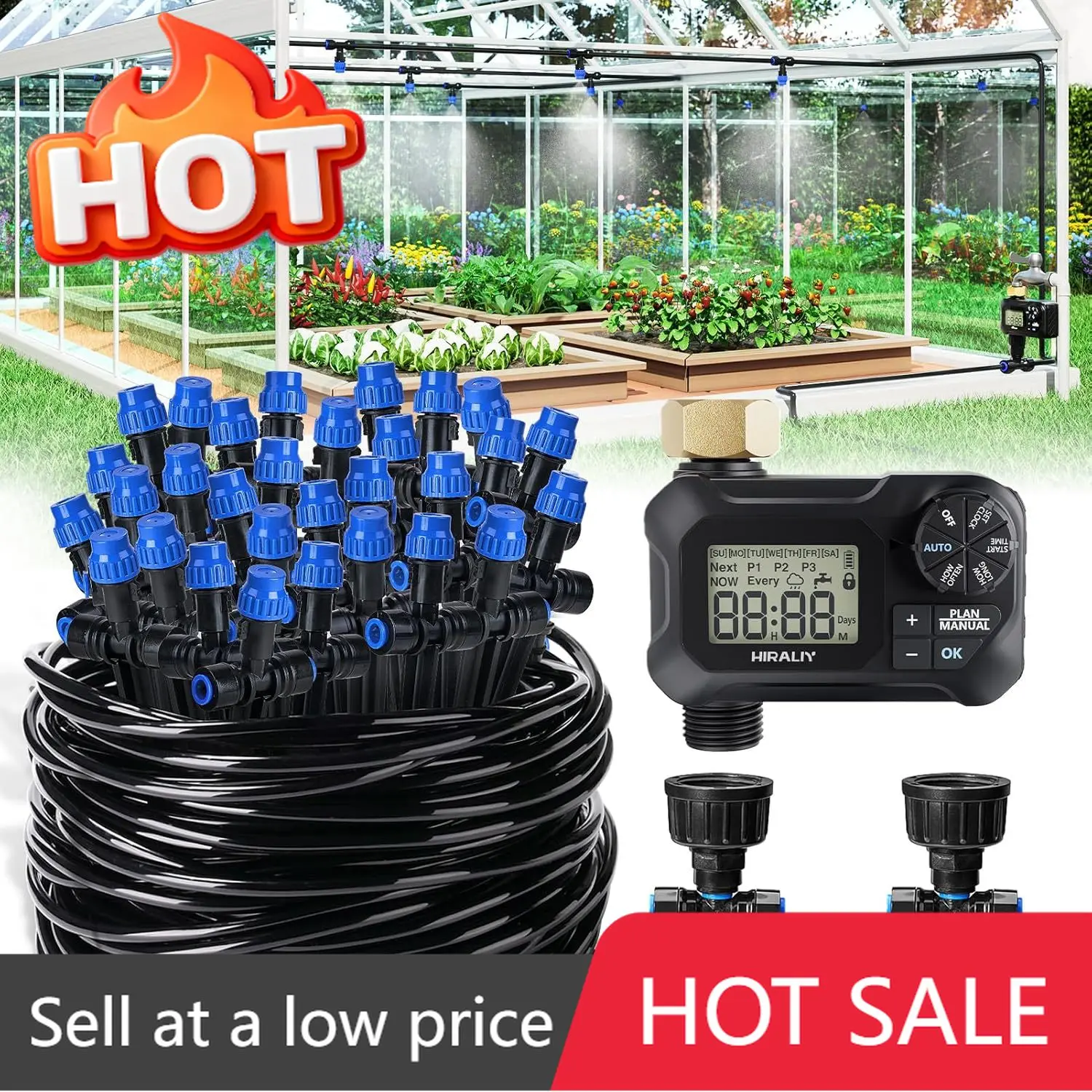 118ft Greenhouse Misting Drip Irrigation Kit Garden Timer Quick Connector Automatic Irrigation Hanging Plant Watering Tubing Mis
