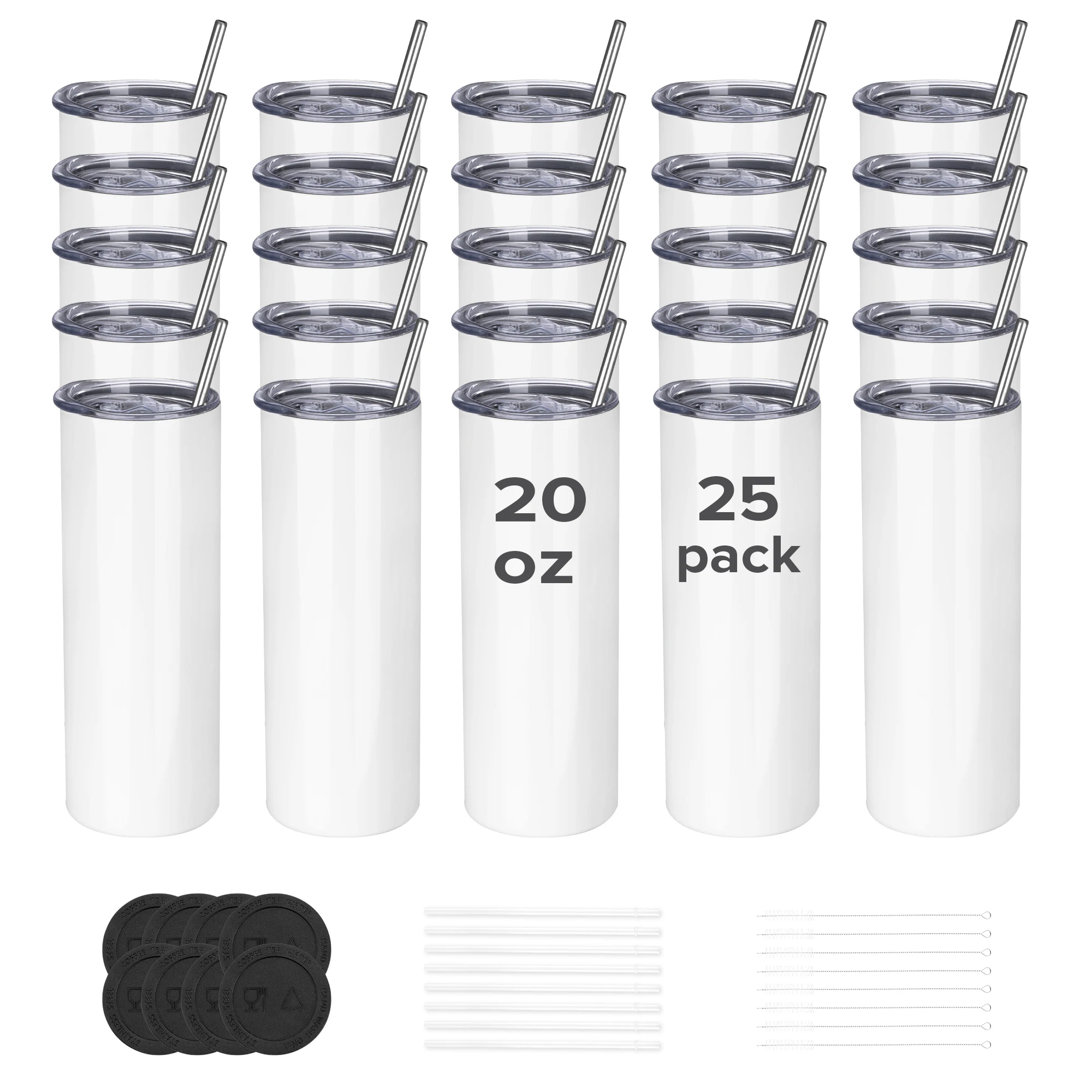 Sublimation Tumblers Blanks 20 oz 25 Pack Skinny Straight Tumblers Bulk Stainless Steel Insulated Sublimation Cups with Lid and