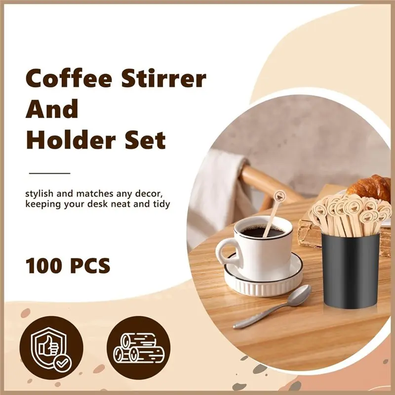 ABUN Coffee Stir Sticks Set, 100Pcs Wood Coffee Stirrers with Holder, Plastic Coffee Stirrer Container for Home Office, 6 Inch
